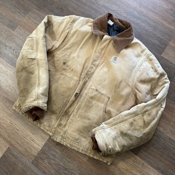 VTG‎ Carhartt Quilt Lined Canvas Chore Barn Coat Corduroy Collar Tan Distressed